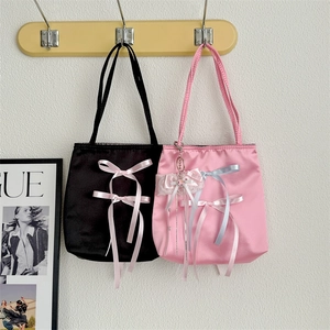 Satin Tote Bag With Bow Ribbon Balletcore Style Sweet Girl Large Capacity Fashion Versatile Handbag For Women