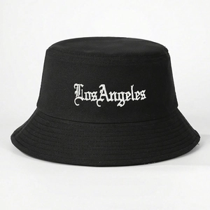 Black cotton canvas bucket hat with Los Angeles embroidery and reinforced brim stitching