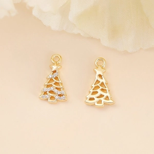 Golden Christmas tree pendant pair with zircon inlay and hollow design for DIY jewelry