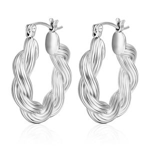 Polished silver twisted rope hoop earrings in minimalist style with 18k metallic finish