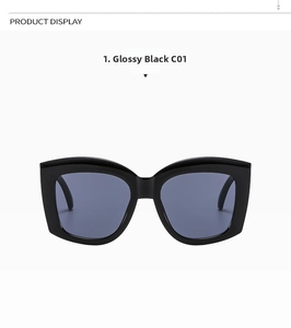 Detail view of shiny black square sunglasses frames with high-quality dark grey lenses