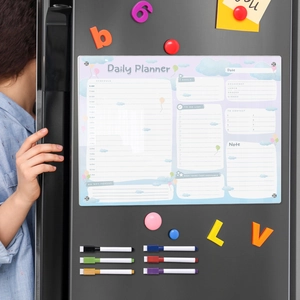 Magnetic acrylic daily planner for fridge with 6 colored markers and cartoon design