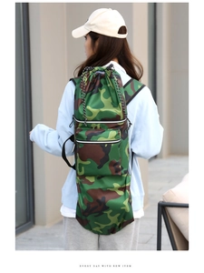 Camo drawstring backpack for skateboards and outdoor gear shown on a model
