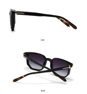 Detail view of retro square sunglasses showing side temple accents and back frame profile
