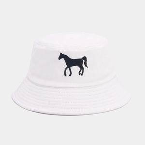 Chapeau bob en coton blanc avec broderie cheval noire, protection solaire pour extérieur