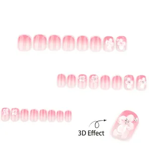 3D white flower press-on nails with pink gradient and pearl accents in short square shape
