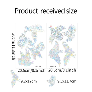 Detailed size guide for holographic bird window stickers with prism effect dimensions
