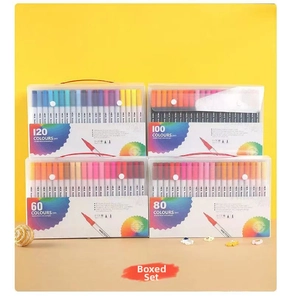 Detail view of 60/80/100/120 colors dual tip watercolor marker pen sets in clear boxes