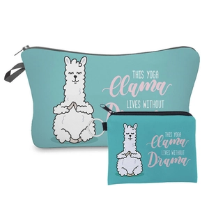 Detail of teal alpaca yoga cartoon polyester makeup bag set with metal ring