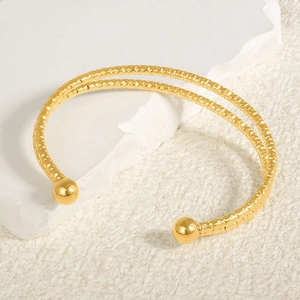 European Double Layer Stainless Steel Open Bangle Women 18K Gold Silver Plated Hammered Texture Adjustable Cuff Bracelet