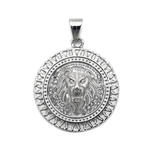Silver 316L stainless steel lion head pendant with sparkling rhinestones and sun pattern