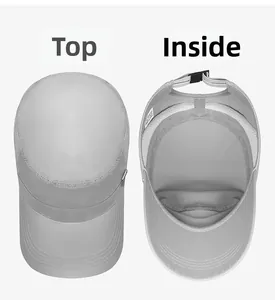 Detailed top and interior view of a gray quick-dry flat top cap with metal vents