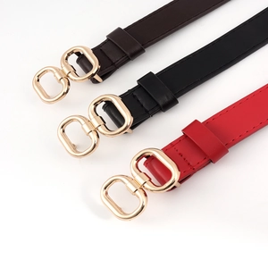 Women slim leather belt set in black red brown with gold double ring metal buckle