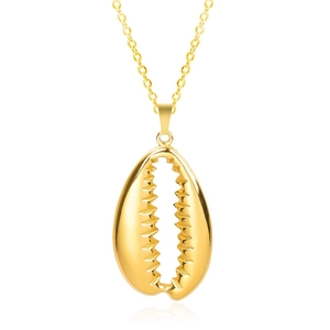 Macro shot of 18k gold plated stainless steel cowrie shell pendant with metallic luster