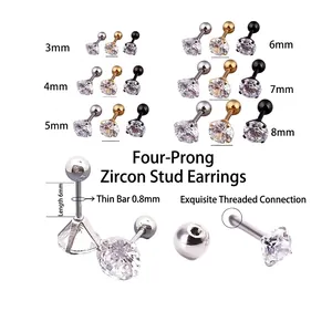 Stainless Steel Stud Earrings With Cubic Zirconia Prong Setting Screw Ball Back Geometric Unisex Piercing Jewelry
