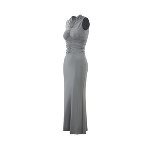 Detailed view of grey sleeveless maxi dress featuring elegant side ruching and slim fit
