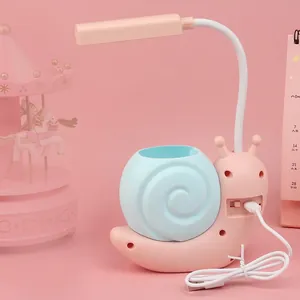 Pink cartoon snail LED desk lamp with pen holder and flexible neck for kids study