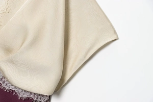 Macro shot of champagne satin fabric with delicate white eyelash lace hem details