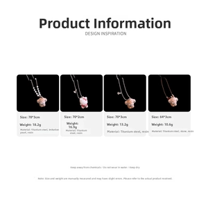 Detailed specs for cartoon puppy and kitty pearl necklaces with pendant size information