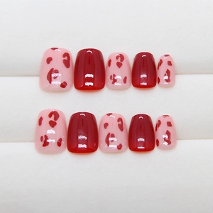 Translucent red leopard print press-on nails set with sweet glossy finish for women