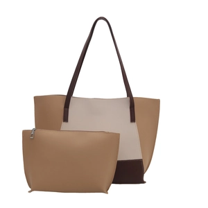 Minimalist tri-color large capacity tote bag and clutch set in khaki and brown PU leather