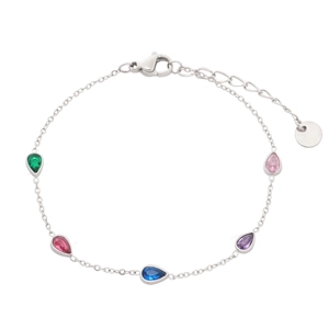 Minimalist S925 silver bracelet featuring five colorful teardrop-shaped zircons on a fine chain