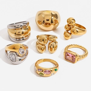 Vintage Chunky Stainless Steel Ring With Colorful Cubic Zirconia Geometric Dome Band Waterproof Hypoallergenic Fashion Jewelry