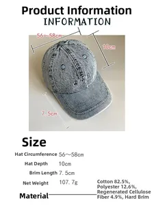 Detaillierte Größentabelle und Materialmix für diese gewaschene Denim-Baseballkappe