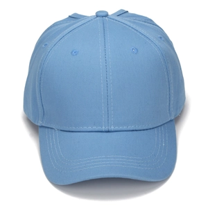 Close-up of sky blue cotton ponytail baseball cap featuring stitching and ventilation holes