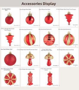 Detail view of red and gold Christmas ornaments including painted baubles and trees