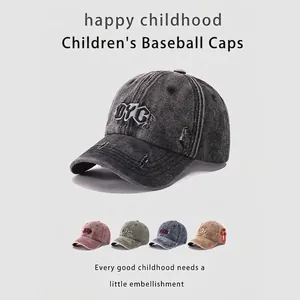 Kids Washed Cotton Baseball Cap Distressed Ripped Letter Embroidery Sun Protection Retro Streetwear Adjustable Denim Children Hat
