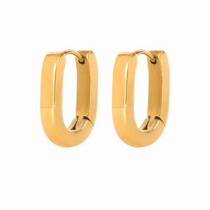 Detailed view of polished gold stainless steel U-shaped rectangular hoop earrings