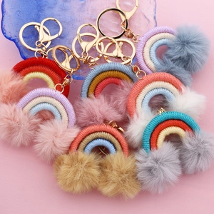 Rainbow Macrame Keychain Hand Woven Cotton Thread Pom Poms Boho Bag Charm Car Ornament Fashion Accessory