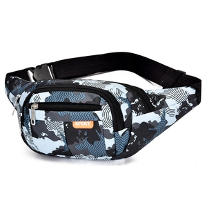 Blue camouflage waterproof sports fanny pack with adjustable strap and multiple zip pockets