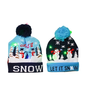 Christmas LED knitted beanies with snowflake patterns and pom-poms for adults and kids