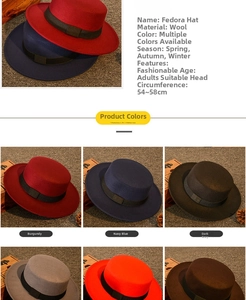 Detail of wool fedora hats in various colors with flat brim and black decorative ribbon