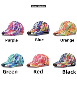 Detail view of colorful feather pattern print baseball caps in six vibrant color options