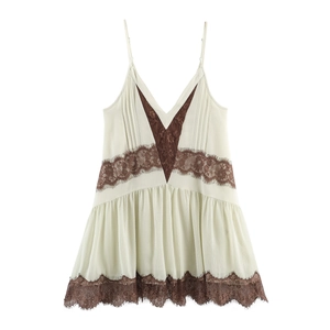 Sexy V Neck Spaghetti Strap Mini Dress Lace Patchwork Contrast Color Ruffle Hem Sleeveless Sweet Lolita Style Women Fashion