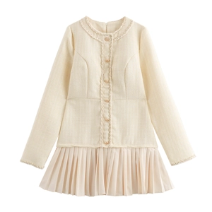 Vestito Mini Patchwork In Tweed Pieghettato Maniche Lunghe Collo Rotondo Elegante Vestito Da Ufficio Per Donna Con Bottoni