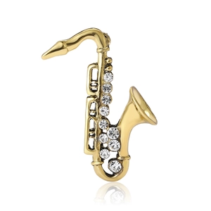 Vintage Alloy Enamel Saxophone Brooch For Men Women Antique Gold Silver Rhinestone Inlaid Musical Instrument Corsage Lapel Pin