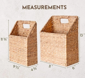 Detailed size chart for two handwoven rattan wall baskets in small and large dimensions