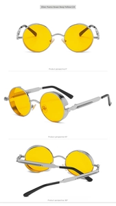 Detailed views of steampunk round sunglasses with silver metal frame and yellow lenses