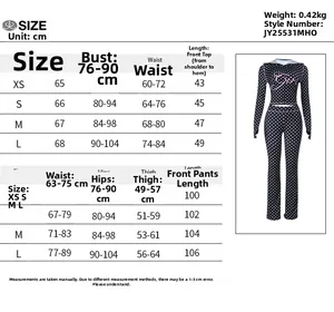 Detailed size chart for sexy polka dot hooded top and pants set showing CM measurements