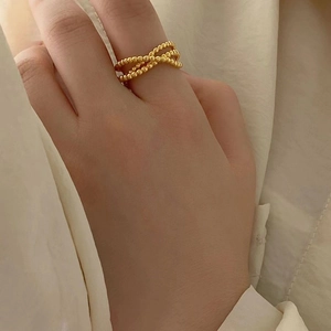 Minimalist 925 sterling silver 18K gold plated beaded crossover ring for women