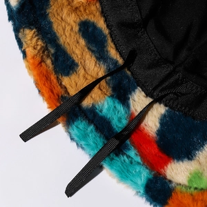 Colorful plush bucket hat with fuzzy faux fur texture and adjustable inner drawstring