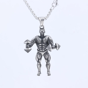 Collier avec pendentif haltérophile musclé en acier inoxydable au style vintage