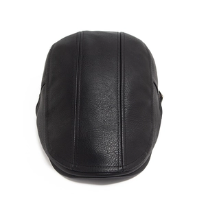 Classic black PU leather newsboy cap for men featuring stylish parallel stitching details