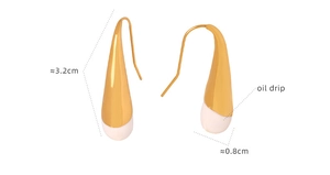 Detail view of gold titanium earrings with pink oil drip cone design and dimensions