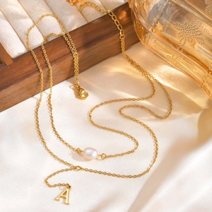 Double-layer stainless steel Y-shaped necklace with gold letter A and pearl charm