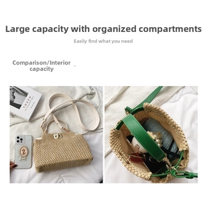 Detail of straw woven handbag with green PU lining showing interior storage capacity